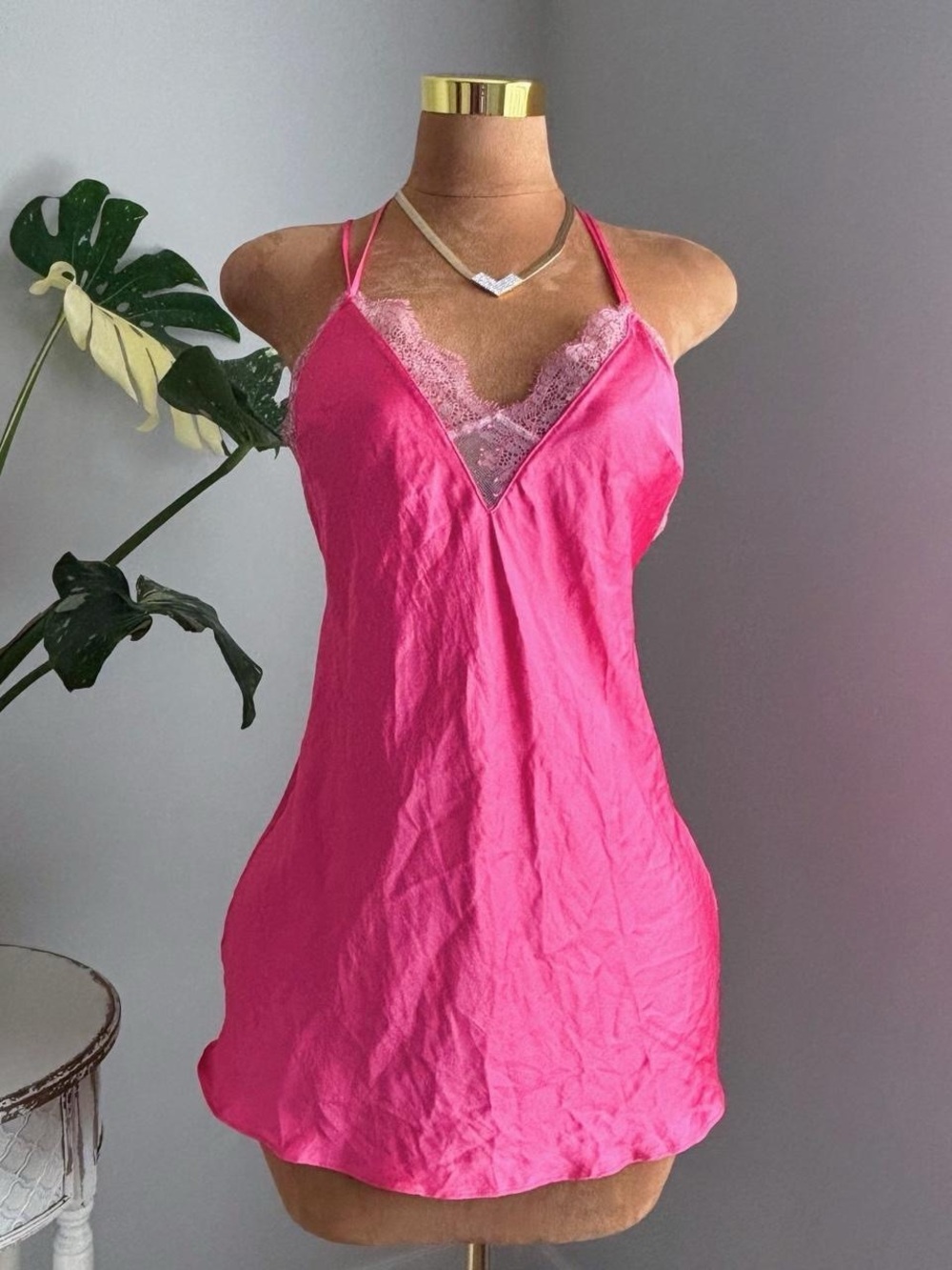 Victoria’s Secret Hot Pink Satin Lace Cami Slip Dress Y2K Coquette